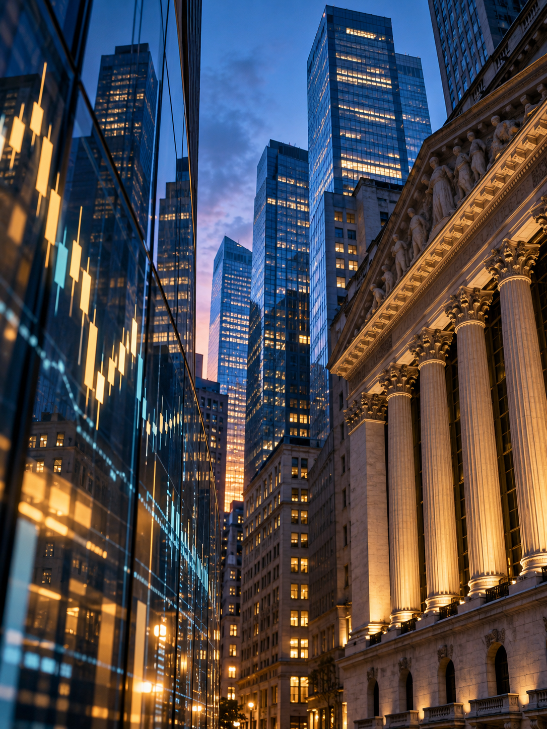 Financial district at dusk with stock-market candlesticks reflected in the glass buildings.